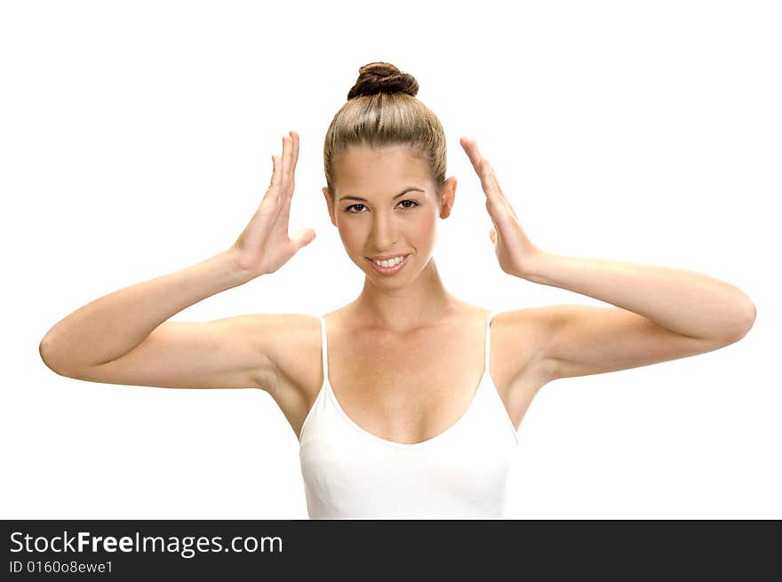 Portrait of dancing female against white background