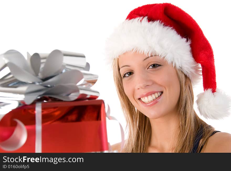 Portrait of beautiful woman dressed as Santa with