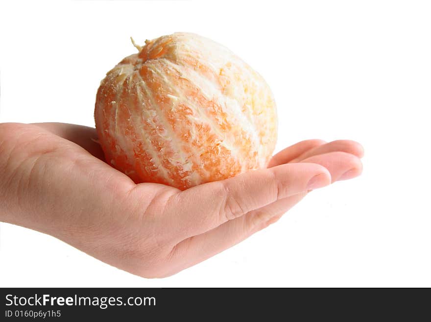 Hand with orange on white background