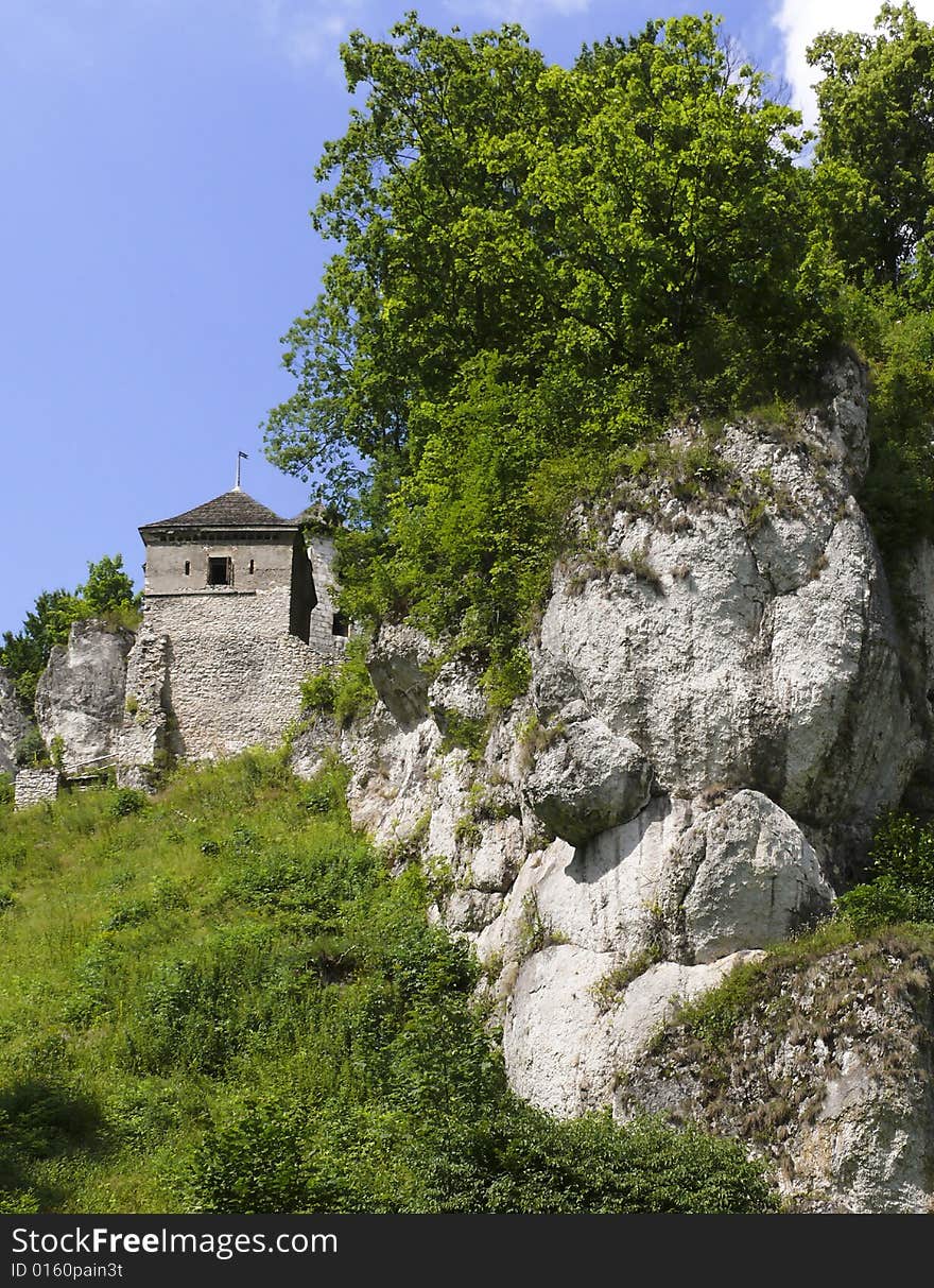 Castle tower surrounded by towering rocks