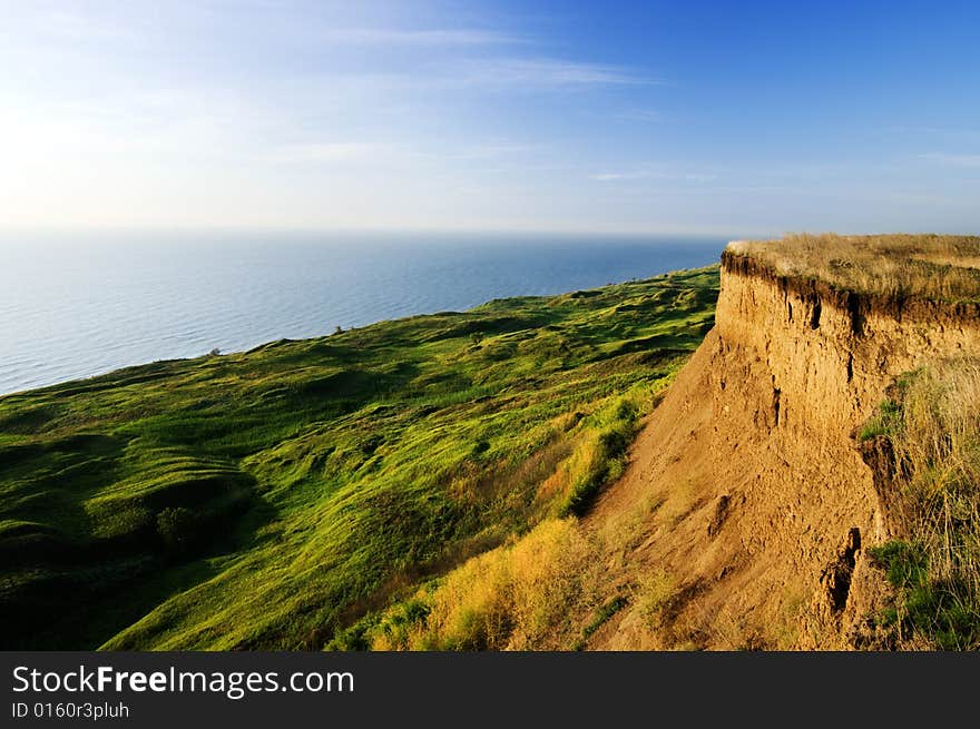 A landscape shot of sea and beach