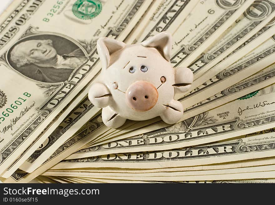 Ceramic piggy bank on dollars