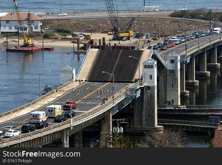 Traffic waiting by a drawbridge