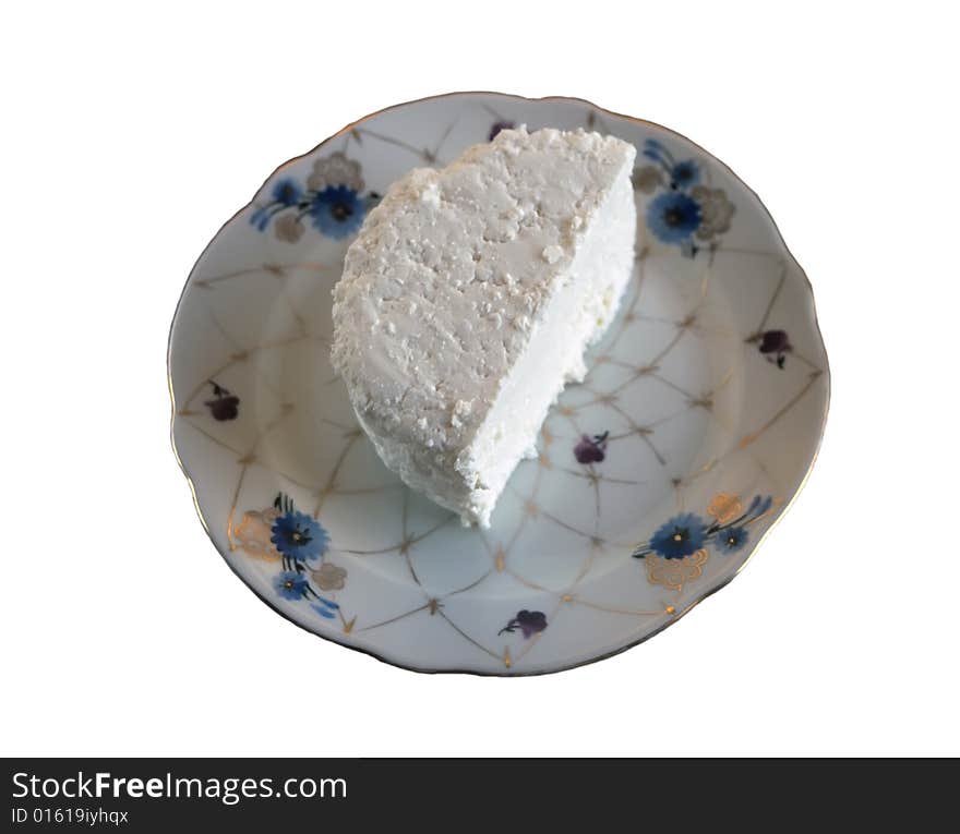 Cheese part on a plate on a white background