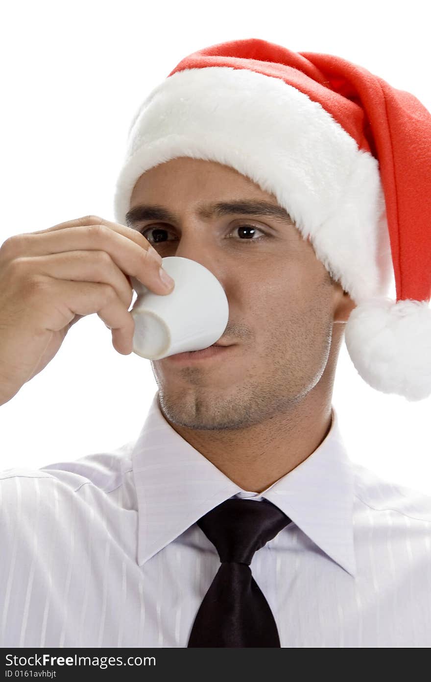 Smart male drinking tea on an isolated background