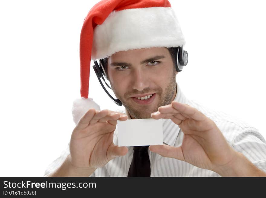 Santa man showing his visiting card with white background