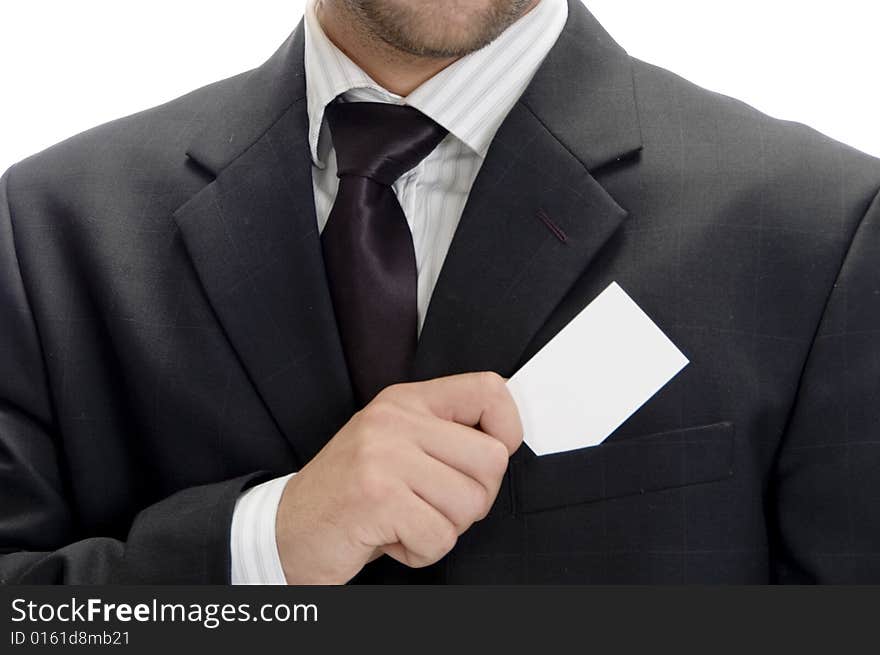 Young businessman saving his visiting card isolated on white background. Young businessman saving his visiting card isolated on white background