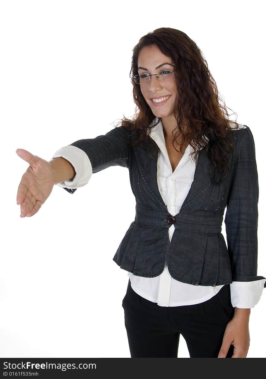 Cheerful woman offering hand shake on an isolated background