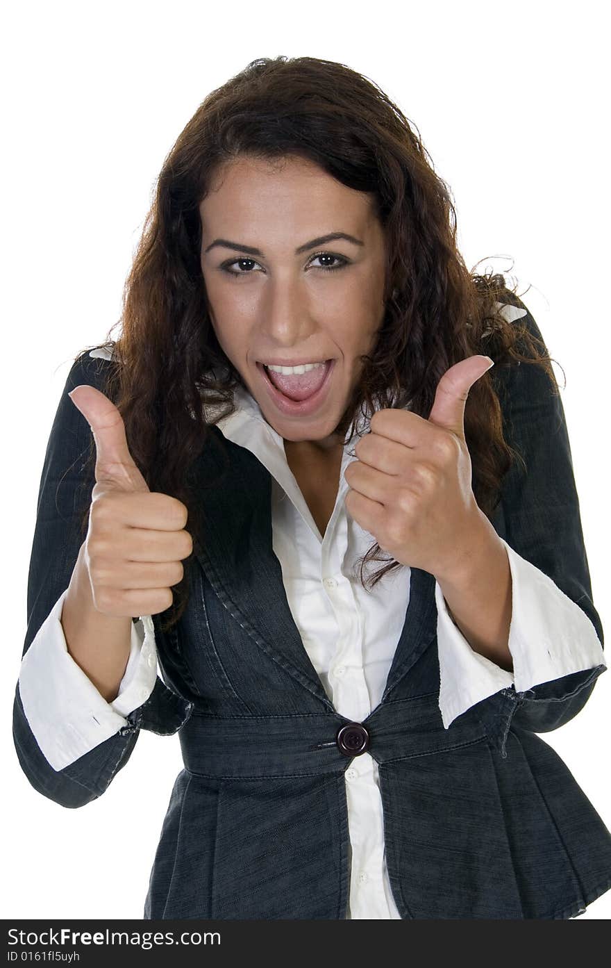 Lady teasing with thumbs on an isolated background