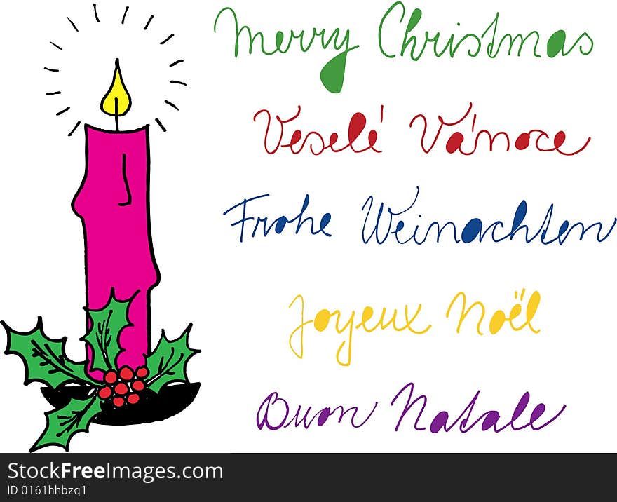 Christmas candle and merry christmas in five languages. christmas theme. vector image