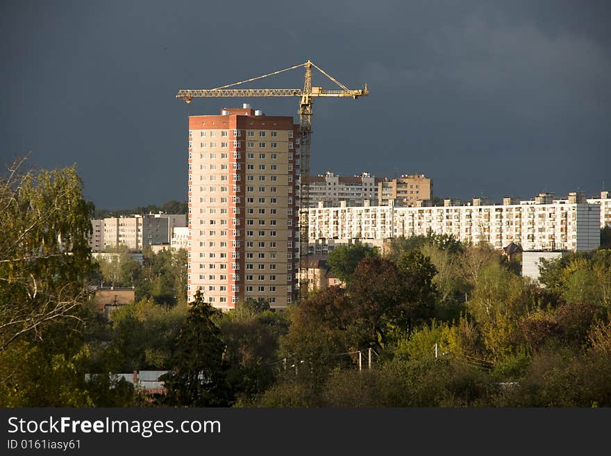 New building in small russian town. autumn. bad weather.