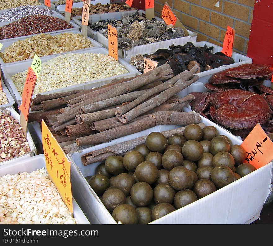 Chinatown market featuring baskets of indigenous foods. Chinatown market featuring baskets of indigenous foods