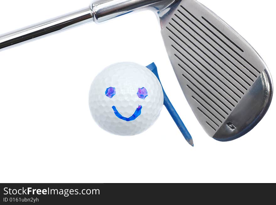 Golf ball with a happy face and iron. Golf ball with a happy face and iron