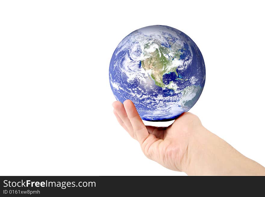 Hand holding planet earth isolated on white. Hand holding planet earth isolated on white