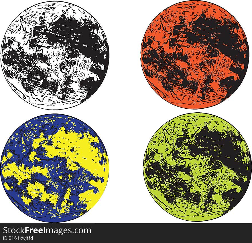 Vector illustration of unknown planet in three different colors plus black and white, isolated on white background.