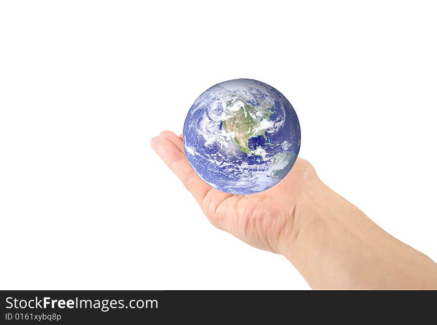 Hand holding planet earth isolated on white. Hand holding planet earth isolated on white