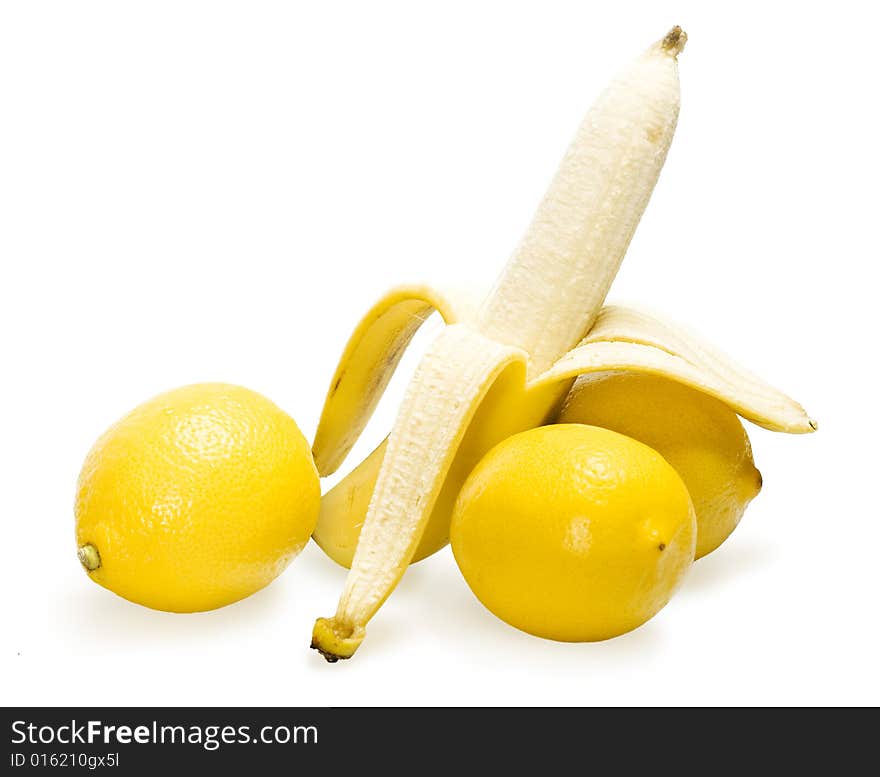 Banana and lemons isolated on white background