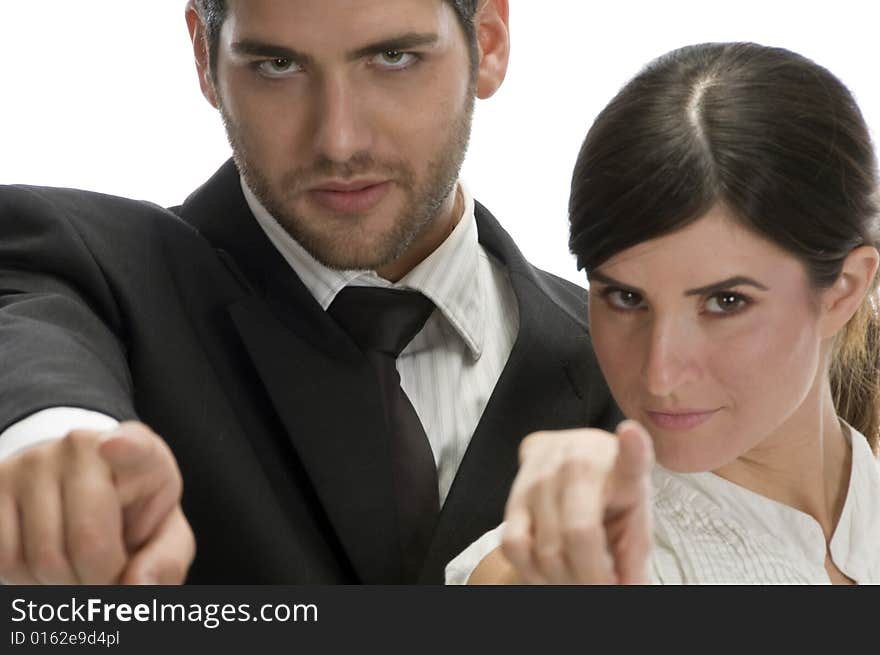 Close up view of young brunette couple isolated on white background