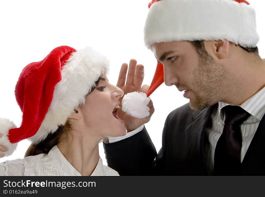 Happy couple with red santa cap