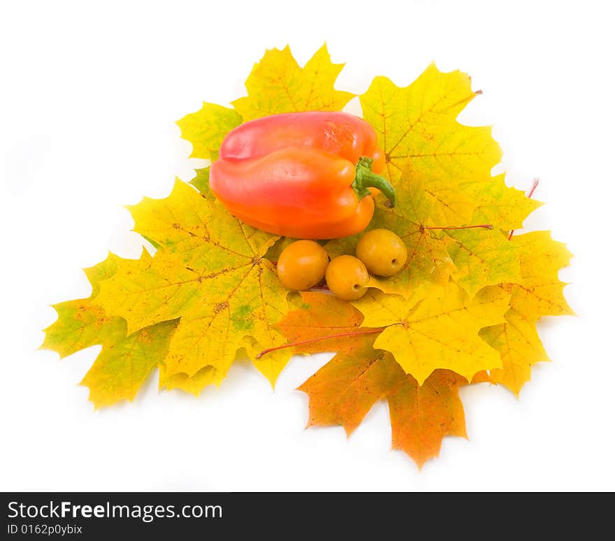 Yellow tasty plum and autumn leaves of maple with red sweet pepper on white background