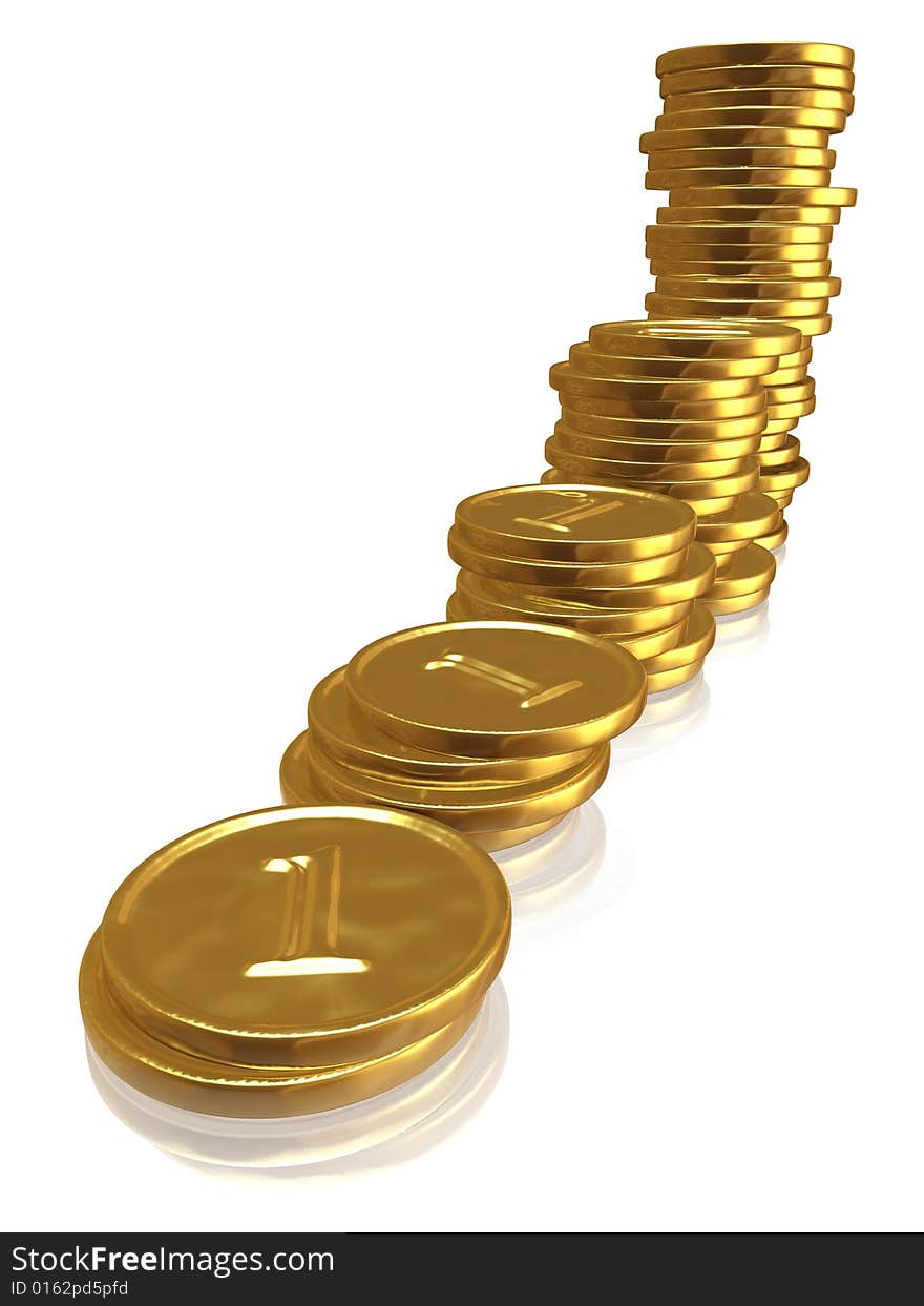 Stack of golden coins with small reflections