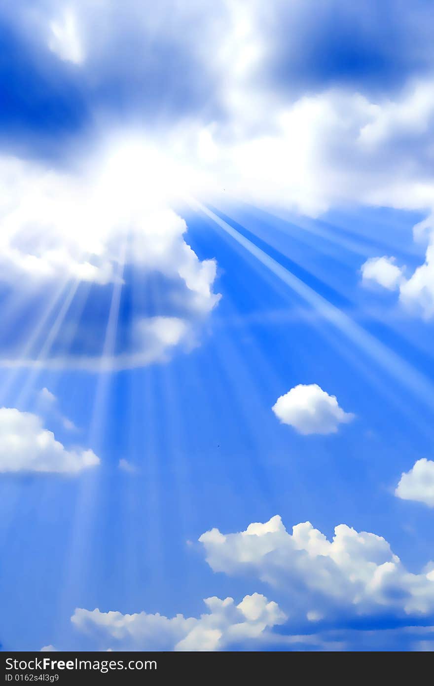 Bright sunbeams illuminate beautiful cloud on blue sky