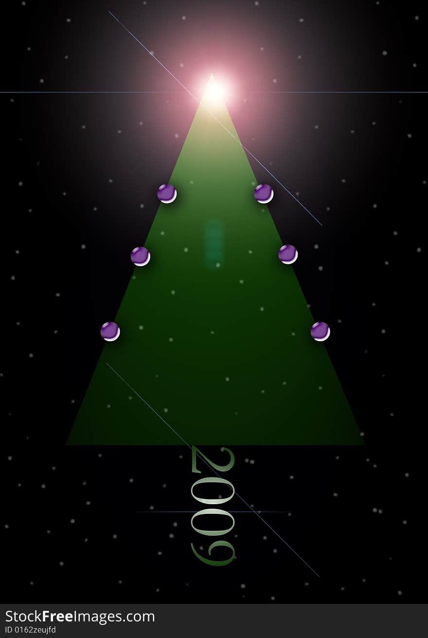 An abstract christmas tree background with purple baubles, date and snow background.