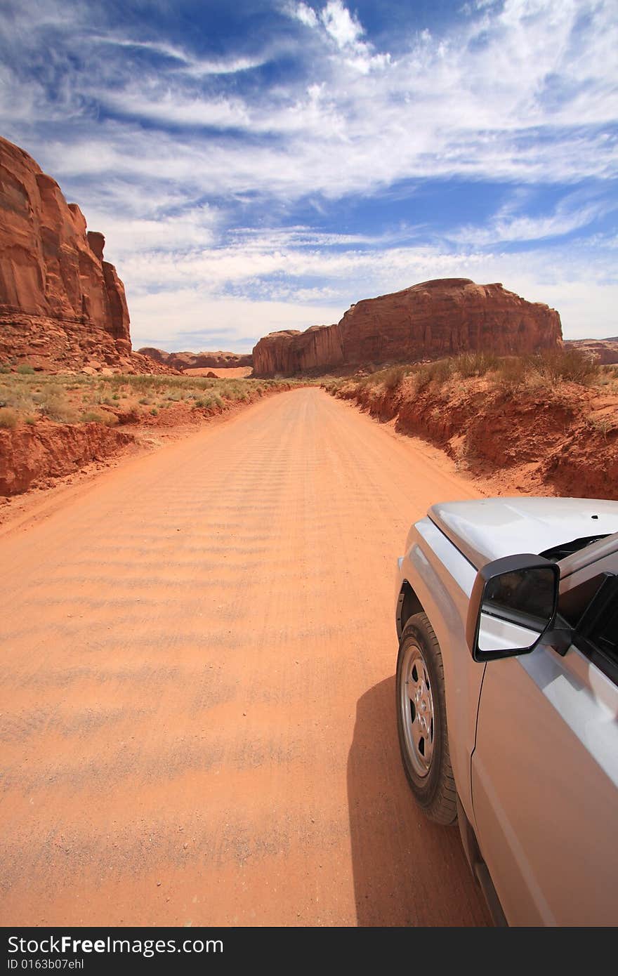 4x4 on road in Monument Valley. 4x4 on road in Monument Valley