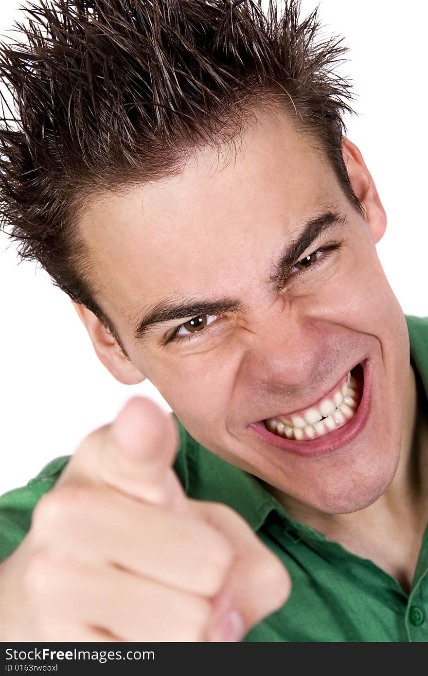 Young adult very angry pointing with forefinger