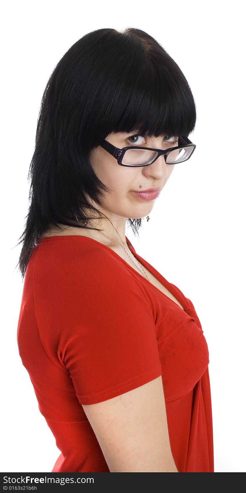 Brunette Girl In Black Glasses Isolated.