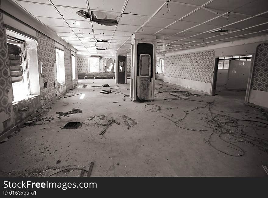 Hall in an abandoned hotel after the war in Croatia