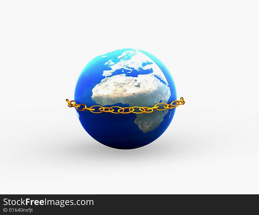 3 D the image of the Earth chained in a gold circuit. 3 D the image of the Earth chained in a gold circuit.