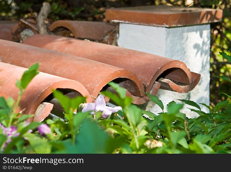 Red tile roof with green foliage