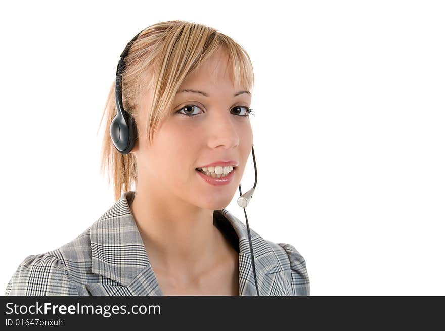 Closeup portrait of a happy pretty executive with headset. Isolated on white background. Closeup portrait of a happy pretty executive with headset. Isolated on white background