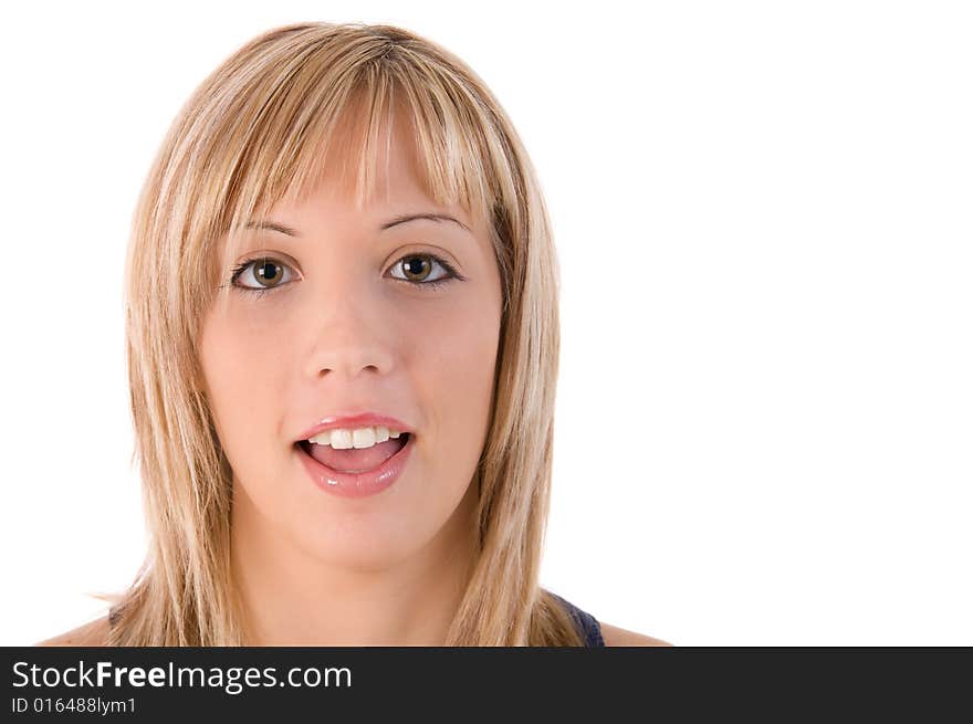 Young woman with surprise expression. Isolated on white background