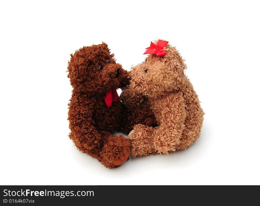 A pair of teddy bears on a white background. A pair of teddy bears on a white background