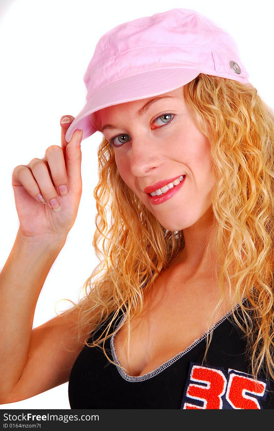 Young Woman Trying On Pink Sports Hat