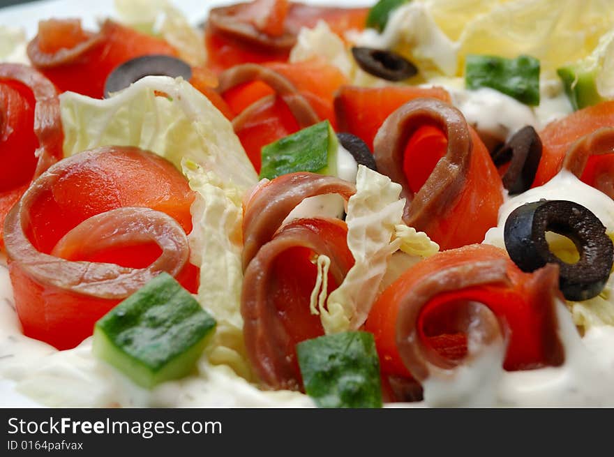 Closeup of delicious salmon salad