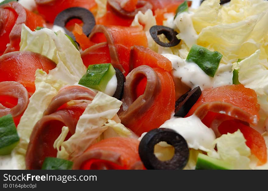 Closeup of delicious salmon salad