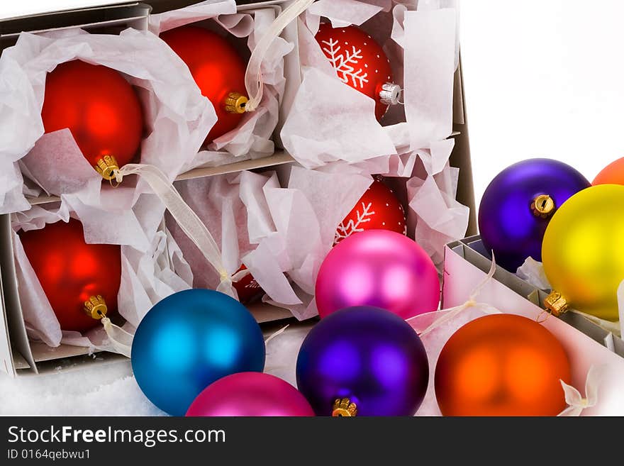 Boxed Christmas bauble decorations ready for putting away or getting out