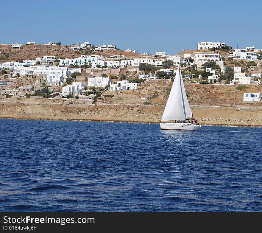 Sailing ship nearby coast of greece island. Sailing ship nearby coast of greece island