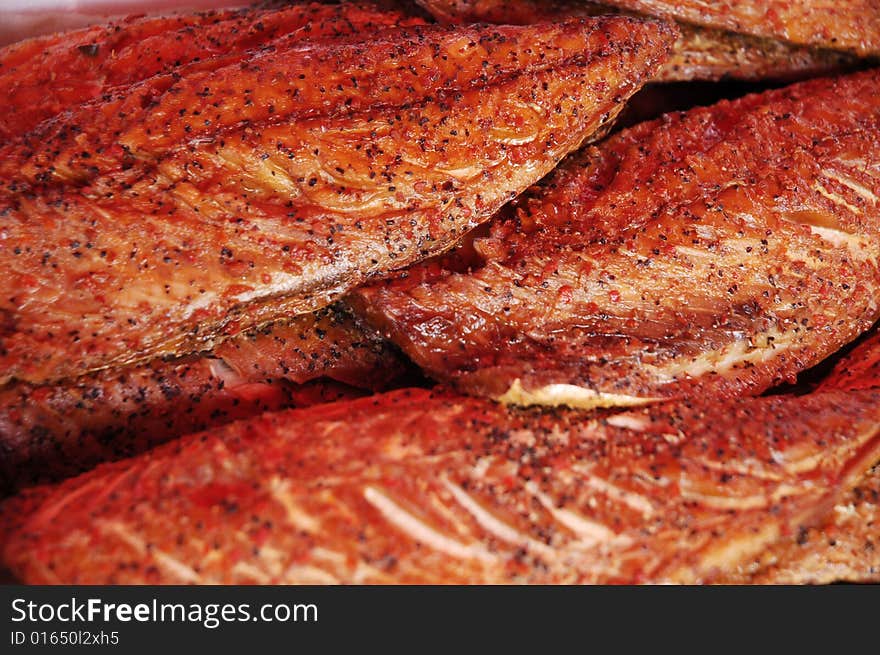 Salmon Steaks in Fish Market, Bergen, Norway. Focused into center and up.Shallow depth of field.