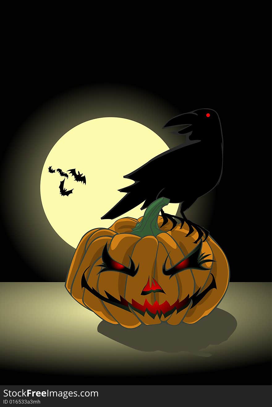 Pumpkin And Crow Under The Moonlight