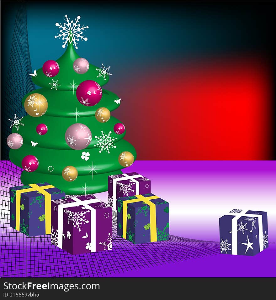 Abstract illustration with Christmas tree and colorful gift boxes. Abstract illustration with Christmas tree and colorful gift boxes