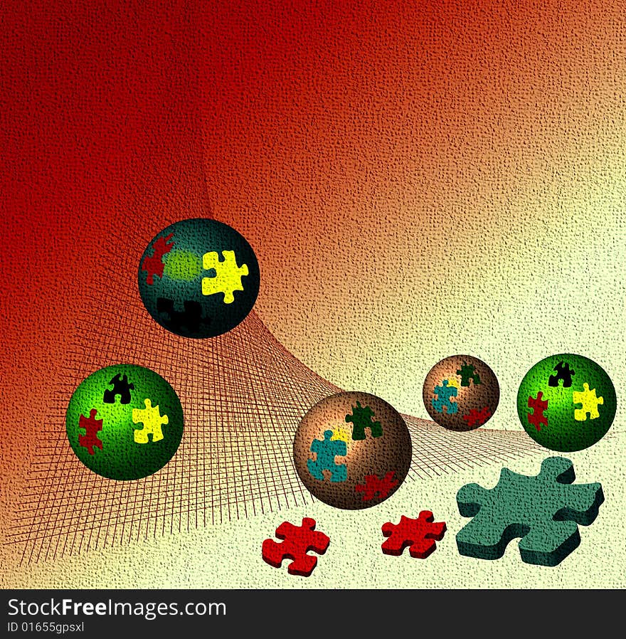 Abstract background with colorful puzzle balls rolling down from a red net. Abstract background with colorful puzzle balls rolling down from a red net