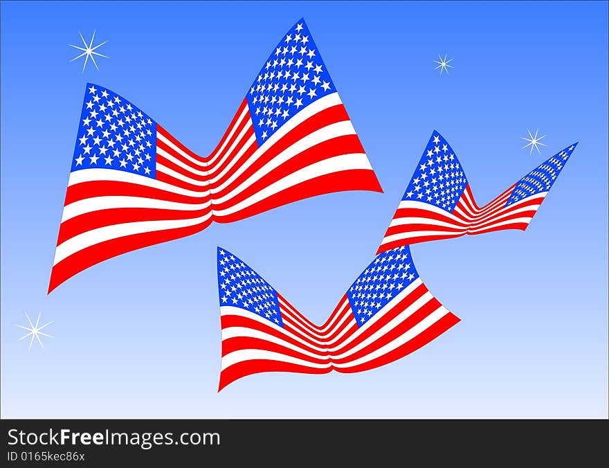 American flags flying in blue sky with stars. American flags flying in blue sky with stars