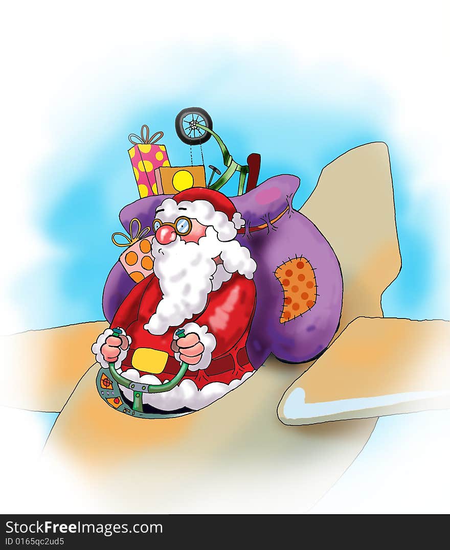 Santa Claus With His Presents On The Plane