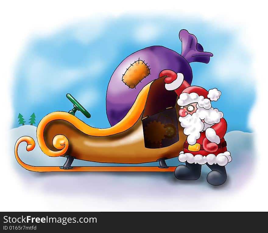 Santa Claus having a rest near his sledge. Illustration made in Photoshop.