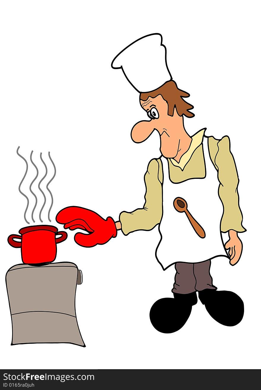 This illustration depicts a cooking man in glove  trying to grab a hot cooking pot. This illustration depicts a cooking man in glove  trying to grab a hot cooking pot.