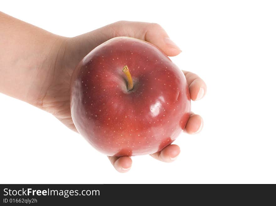 Red apple in hand isolated on white backgrounds